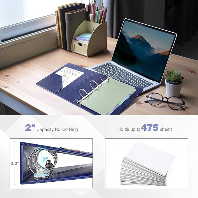 Ospelelf 2 Inch Mini Binder 3 Ring, Vintage Leather Clipboard Binders Dividers with Tabs 5.5" x 8.5", Professional Binder Organizer, Navyblue