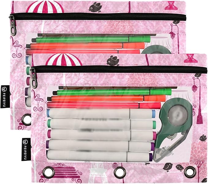 ZAZYXTJ Paris Eiffel Tower Binder Pencil Pouchs 3 Ring with Zipper Clear Window Office Organizers bag for School Students Teacher Supplies 2 Pack