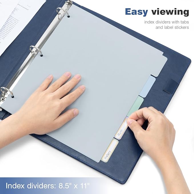 Ospelelf 3 Ring Binder With Clipboard 1 Inch Leather for Letter Size (8.5" x 11"), 5 Tab Dividers Office Supply, Dark Blue