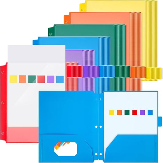Honoson 60 Pcs Plastic Folders with Clear Front Pocket 3 Hole Punched Folders for 3 Ring Binder 1/6 Cut Tabs for Office Classroom (Bright Colors)