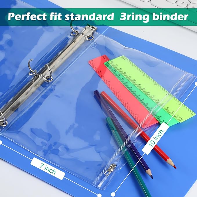 Lincia 12 Pack Clear Pencil Pouch for 3 Ring Binder Pencil Case with Metal Zipper 3 Ring Binder Pocket Inserts Bag 10 x 7'' Visible Cash Envelope with Re-enforced Grommet for College Office Supplies