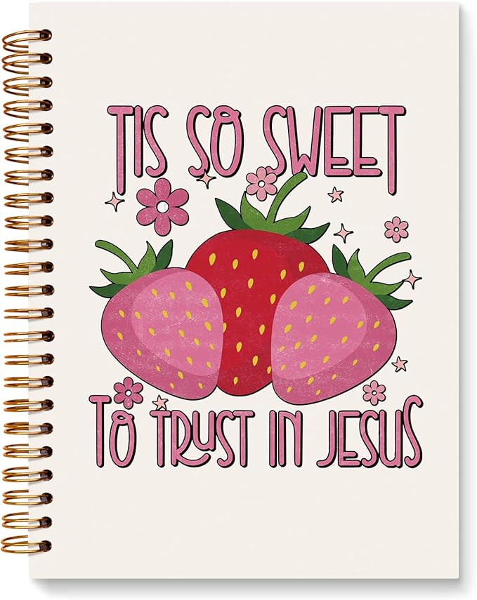 JXREQ Pink Strawberry Christian Bible Journal Notebook, Prayer Journal for Women, Scripture Journal, Church Notes Notebooks, Tis So Sweet to Trust Jesus 5.5x8.3