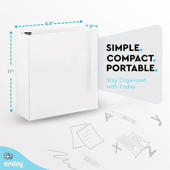 3 Inch Binder 3 Ring Binders White, Slant D-Ring 3” Clear View Cover with 2 Inside Pockets, Heavy Duty Colored School Supplies Office and Home Binders – by Enday