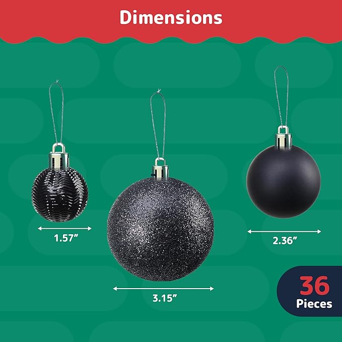 PREXTEX 36 Piece Christmas Ornaments Set - Black Shatterproof Balls in 6 Styles and 3 Sizes with Hanging Loops - Elegant Christmas Tree Decorations for Indoor and Outdoor Black Xmas Tree Display
