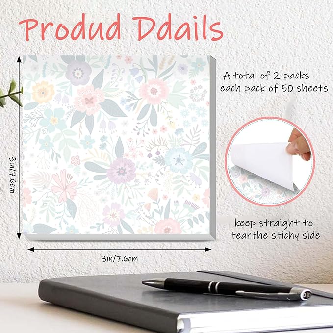 Sticky Notes 3x3 Inches, 2 Pads Cute Colorful Self-Stick Note Pads, Easy to Post for Home, Office and Daily Life Organization Cute Orange Floral