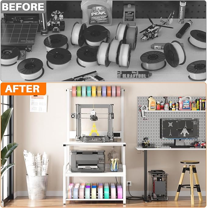 Homieasy Printer Stand with Charging Station, 29.1" x 22.8" Large 3D Printer Table with Filament Storage, Heavy Duty Rolling Printer Cart with 4-Tier Storage for Workshop/Office/Garage, White