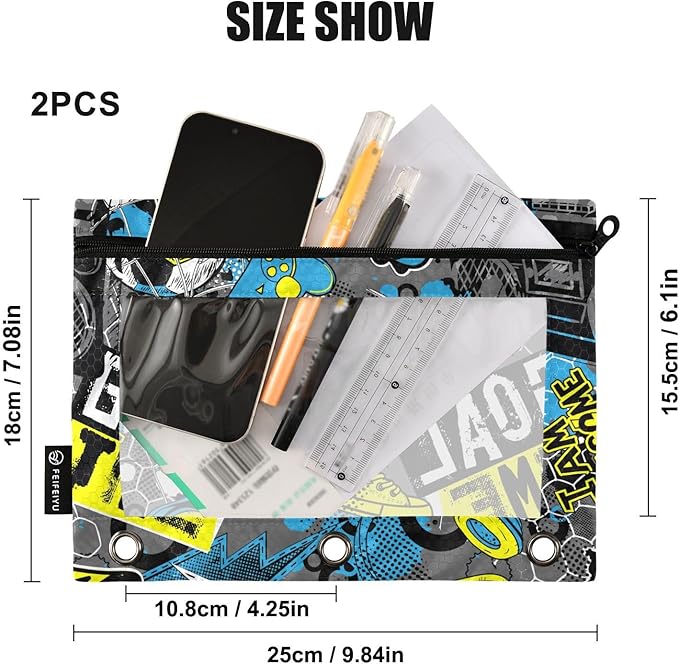 ZAZYXTJ Soccers Binder Pencil Pouchs 3 Ring with Zipper Clear Window Office Organizers bag for School Students Teacher Supplies 2 Pack