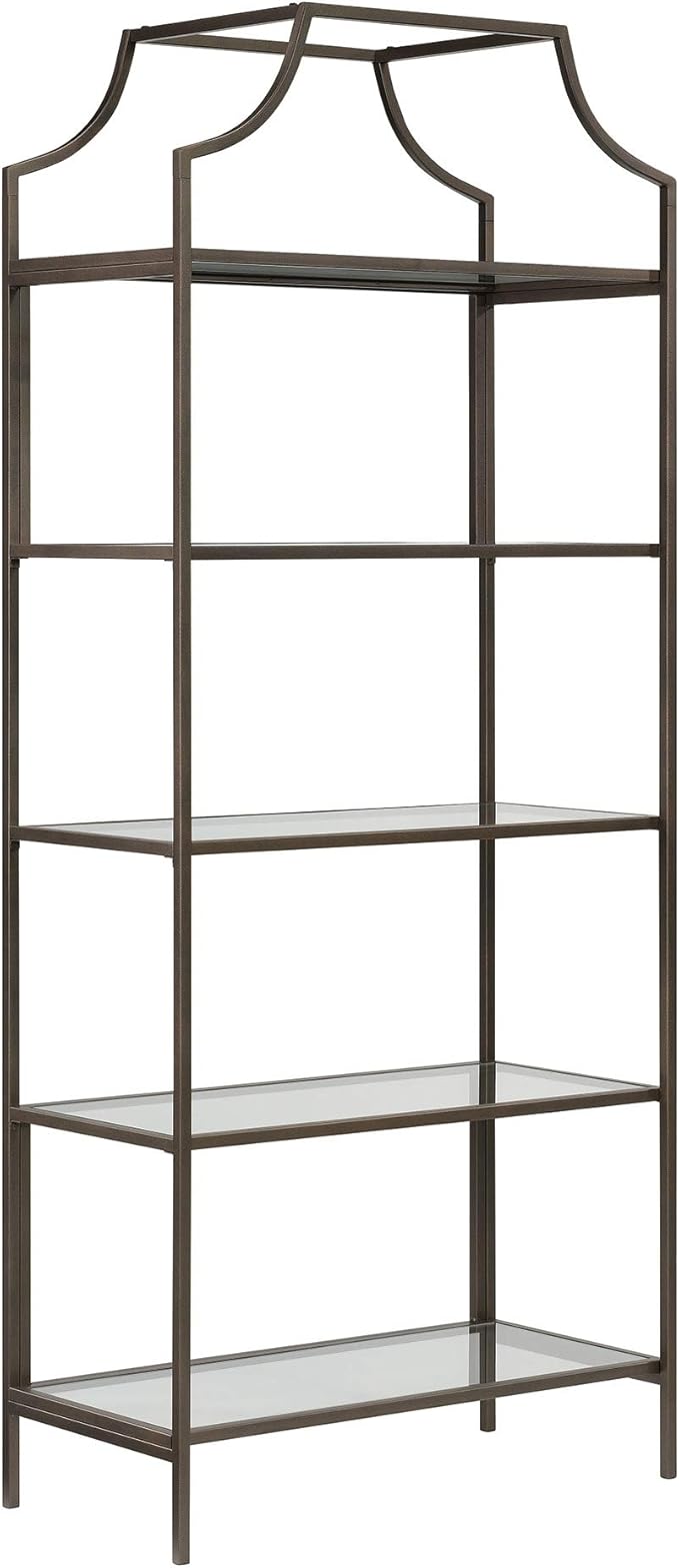 Sauder International Lux Book Shelf 5 Tier Modern Metal Multipurpose Bookcase with Glass Shelving, in a Bronze Finish