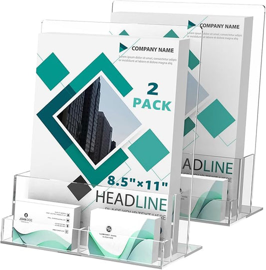 2 Pack Acrylic Brochure Holder 8.5 x 11 Inch with Business Card Holder, Clear Acrylic Brochure Holders Plastic Flyer Display Stand for Magazine, Pamphlet, Booklets, Menu, Journals, Literature