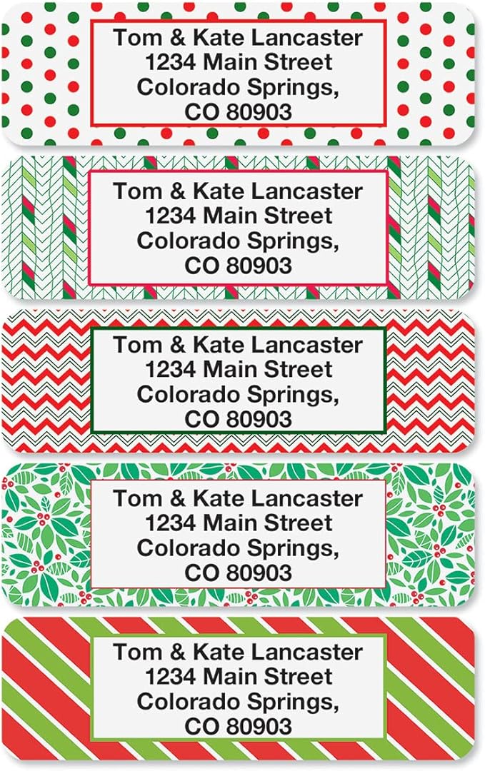 Christmas Festive Prints Rolled Personalized Return Address Mailing Labels with Dispenser, Set of 250, 5 Designs, Small ¾ x 2½ Inch Size, Custom Self-Adhesive Sticker Roll, by Colorful Images