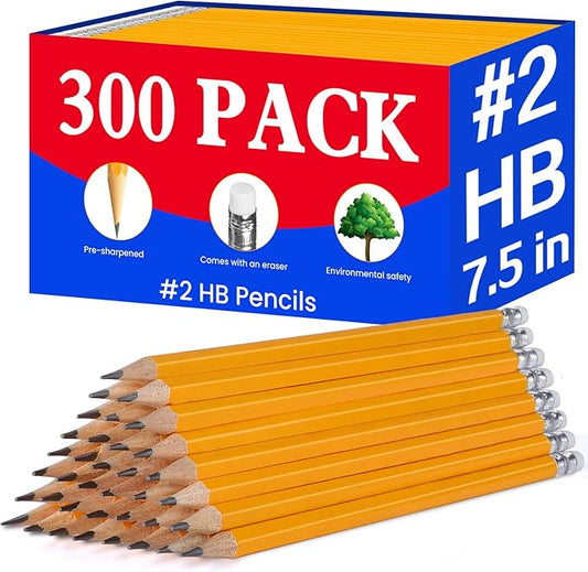 Pencils Pre-Sharpened #2 Pencil with Erasers, Yellow,7.5in 300 Pack