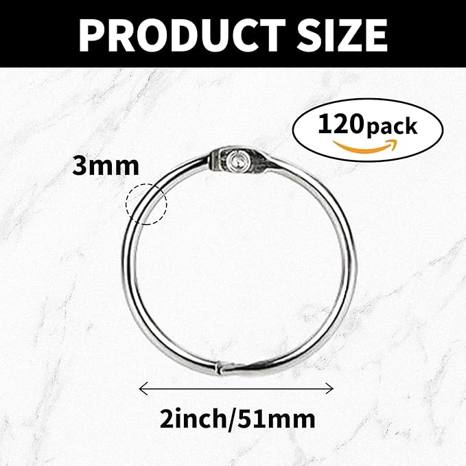 2 Inch Loose Leaf Binder Rings (120 Pack), Nickel Plated Metal Book Rings for Index Cards, Documents, Keychains, DIY Crafts, Office, School, and Home Supplies (2-inch)