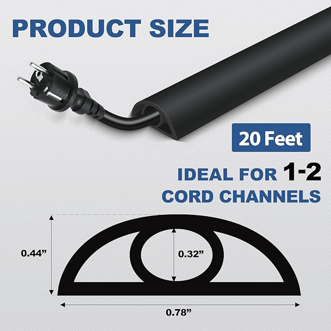 Floor Cord Cover for Wires on Floor Self Adhesive Cord Hider Floor Cable Management Wire Covers for Cords Protector Prevent Cable Trips Cord Cavity W 0.32" x H 0.32", Black, 20Ft