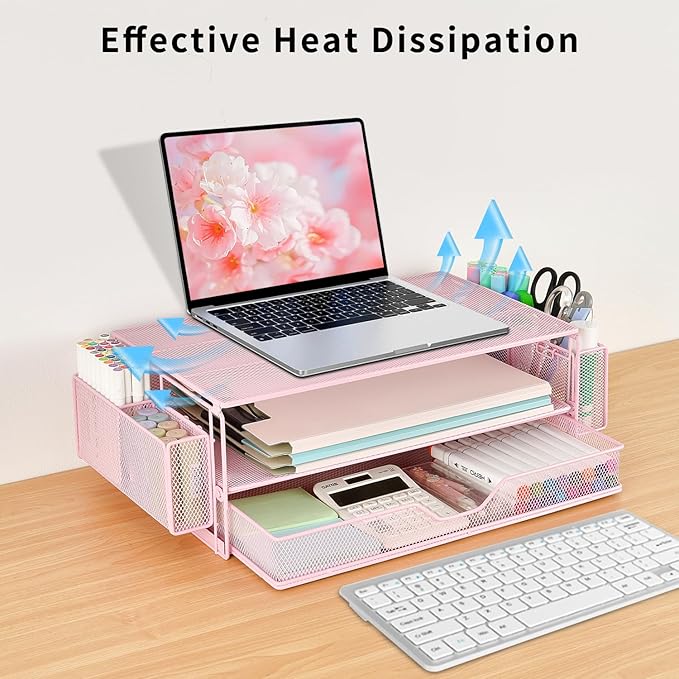 AUPSEN Computer Monitor Stands Riser，2-Tier Desk Organizers and Accessories, Office Desk Accessories Organizer with Drawers and 2 Pen Holder for Office Supplies (Pink)