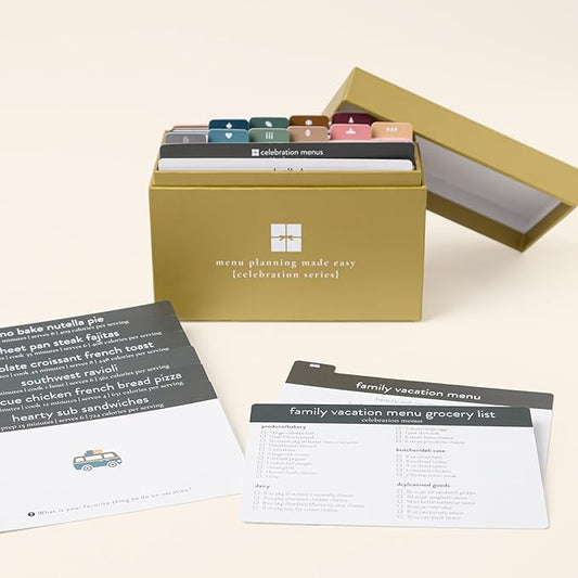 Meal Planner with 72 Recipe Cards (Celebration Menu) - Weekly Menu Planner | Sturdy Recipe Box | 12 Reusable Grocery Shopping Lists | 5 Blank Recipe Cards | Recipe Card Protector | Recipe Ideas