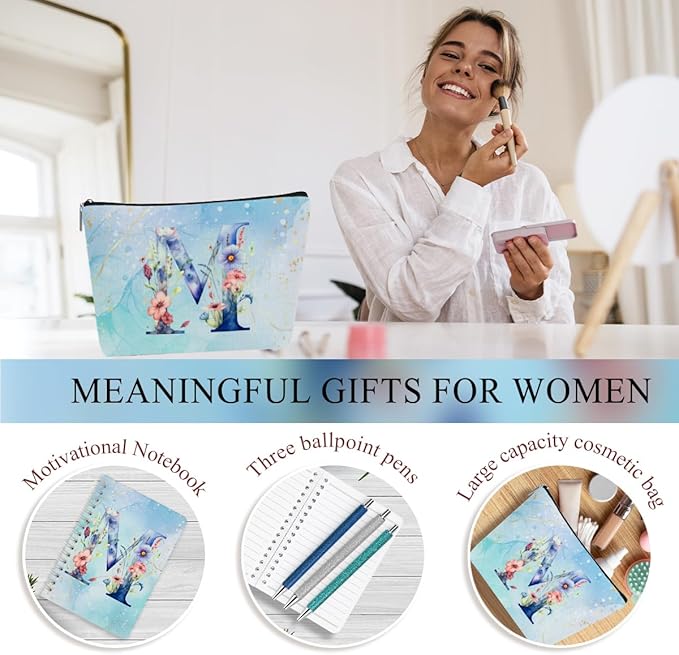 Personalized Gifts Monogrammed Birthday Gifts for Women, Her, Teacher Mother in Law Wedding Christmas Initial 20 oz Tumbler, Makeup Bag Cup Pens Journal Notebook 6 Set, (Aesthetic Blue Flower M)