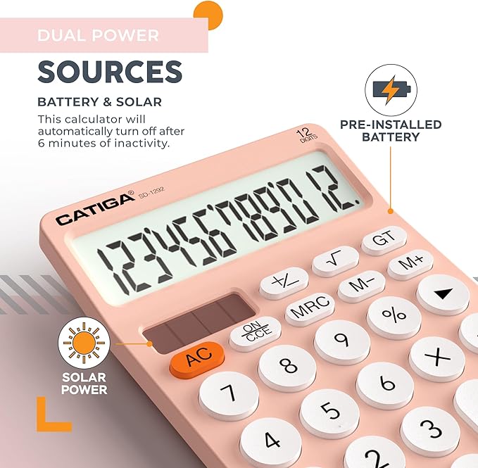 CATIGA 12 Digit Desktop Calculator Basic Desk Calculator with Large LCD Display, Big Buttons, 4 Function, Solar and Battery Dual Power, for Office, School, Home, SD-1292 Pink