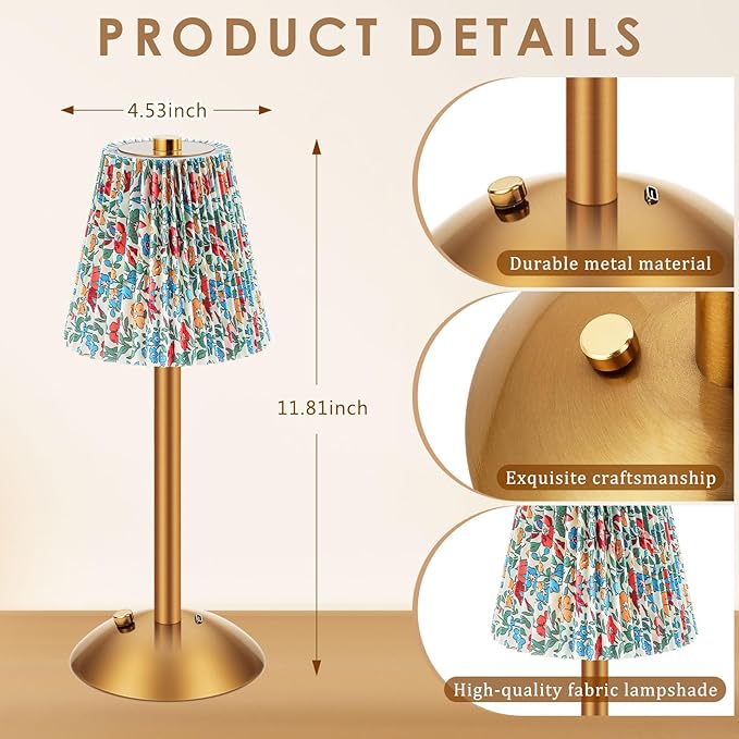 Liliful 2 Pcs LED Portable Cordless Table Lamp Touch Battery Operated Rechargeable Gold Desk Lamp 3 Color Dimmable for Bedroom Living Room Dining (Gold,Floral Style)