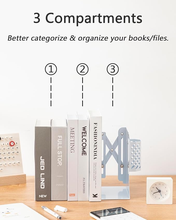 Kingsmile Book Ends, Adjustable Bookends for Shelves, Metal Bookends for Heavy Books, Book Stopper Organzier with Pen Holder for Desk, Kids Room, Office, Classroom, Library, Study Room.(White)