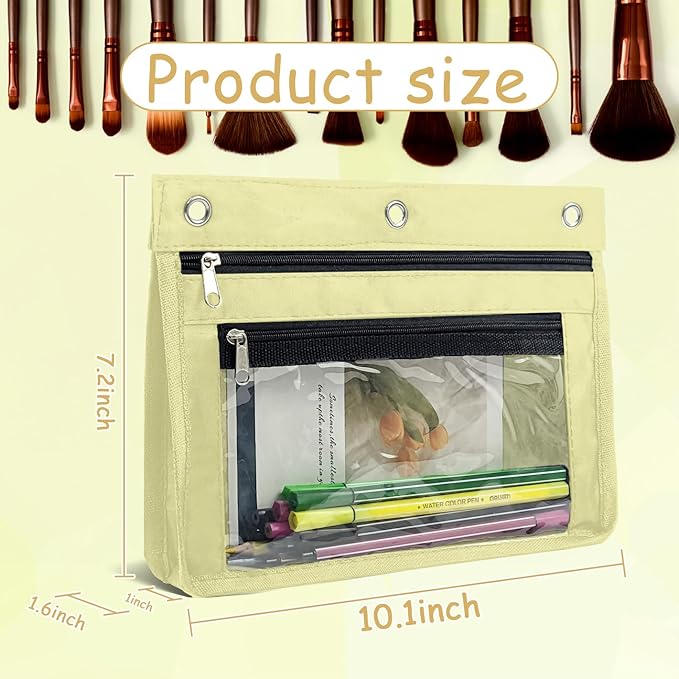 YoeeJob 1 Pack Pencil Pouch for 3 Ring Binder, Expandable Binder Pouches with Zipper, Large Capacity Pen Holder Case with Clear Window School Class Office Organizers, Beige