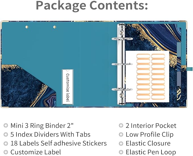 Ospelelf Mini 3-Ring Binder, 2-Inch, Cute for 5.5" x 8.5" with 5 Tab Dividers, File Folder Labels and Low Profile Clipboards, Blue Marble for School and Office