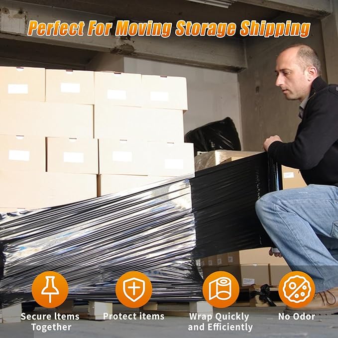 BETU Plastic Wrap Stretch Film for Moving Supplies 15inch X 1000ft, Shrink Wrap Stretch Roll Industrial for Furniture Wrapping Shipping Pallet Moving Boxes Storage with Handles, 1 Pack, Black