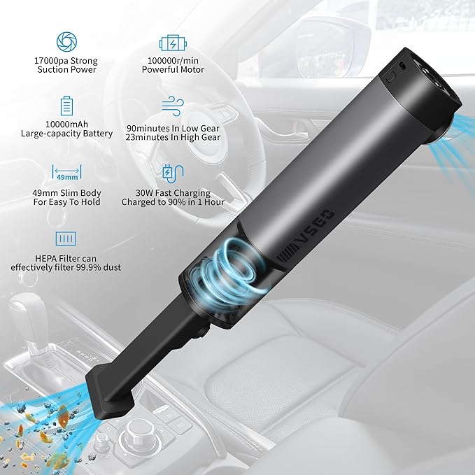 VSGO Cordless Car Vacuum, Compressed Electric Air Duster 17000Pa Suction, 5-in-1 Portable Mini Small Handheld Vacuum, UP to 90 Mins Runtime for Car, Desk, Computer, Keyboard, Home Cleaning (Grey)