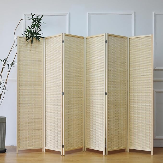 6 Panel Folding Room Divider Screen, Bamboo, for Separation, Beige, 67" H x 92.1" W