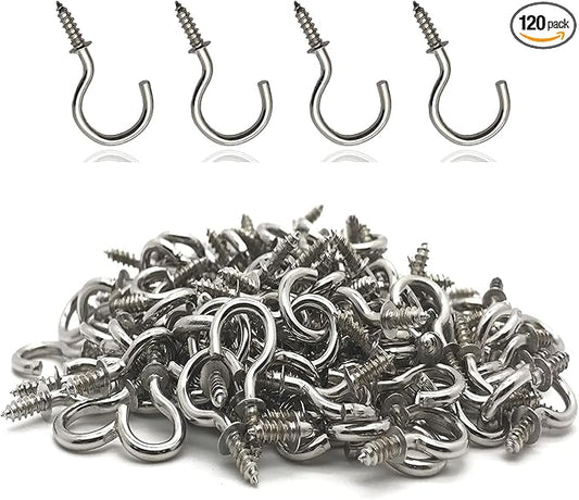 120 Pcs 1/2 Inch Screw-in Hooks Nickel Plated Metal Cup Hooks, Ceiling Hooks Silver