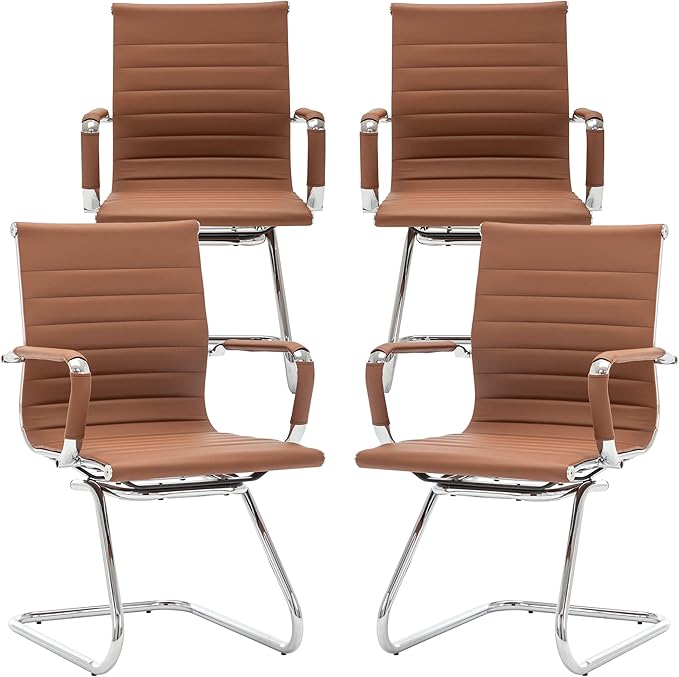 Office Desk Chair No Wheels Set of 4 PU Leather Computer Chairs Mid Back Guest Chairs for School Reception Conference Waiting Room, Cafe
