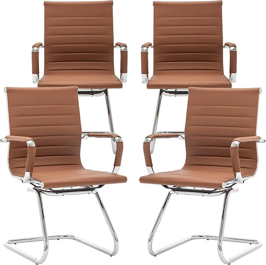 Office Desk Chair No Wheels Set of 4 PU Leather Computer Chairs Mid Back Guest Chairs for School Reception Conference Waiting Room, Cafe