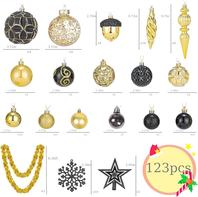 123pcs Christmas Ball Ornaments Set, Shatterproof Plastic Balls for Classic Xmas Decorations, Hanging Ornaments for Christmas Tree, Holiday, Bridal, Home Party, Gold and Black