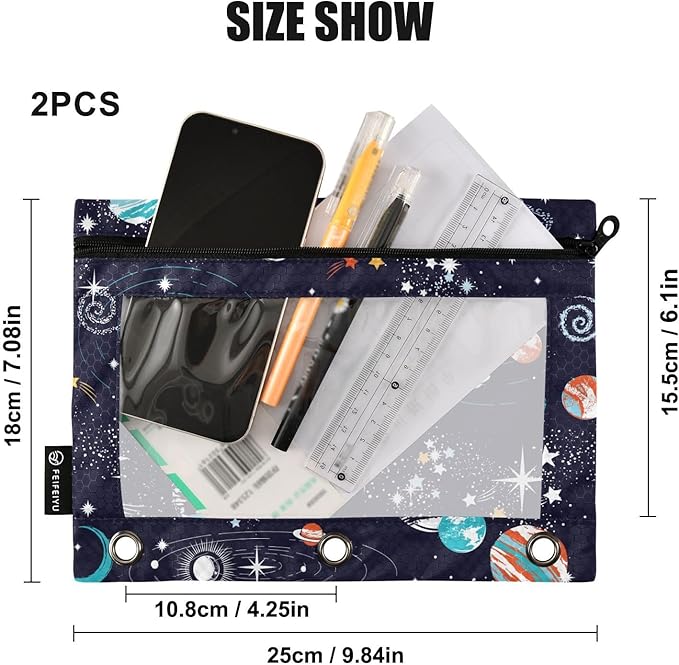 ZAZYXTJ Personalized Space Binder Pencil Pouchs 3 Ring with Zipper Clear Window Office Organizers bag for School Students Teacher Supplies 2 Pack