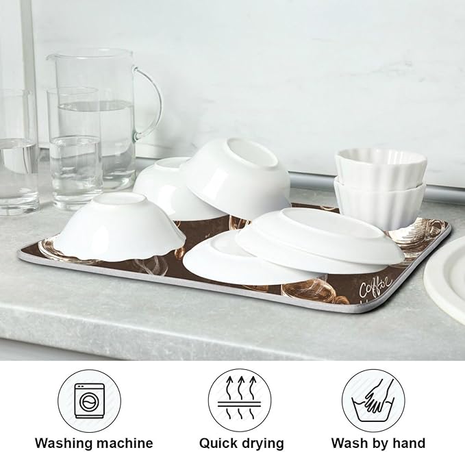 Coffee Beans Dish Drying Mat for Kitchen Counter 16 x 18 Inch Absorbent Microfiber Dry Dishes Mats Drainer Mat Dish Drying Pad for Countertops