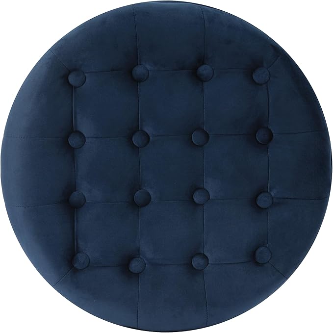 HomePop by Kinfine Fabric Upholstered Round Storage Ottoman - Velvet Button Tufted Ottoman with Removable Lid, Navy Blue