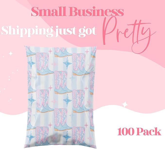 14.5x19 Designer Poly Mailer 100 Pack Heavy Duty Waterproof Self Seal Shipping Bags for Small Business Large Mailing Envelopes Bulk Tear Resistant Packaging Cowgirl Boots Western