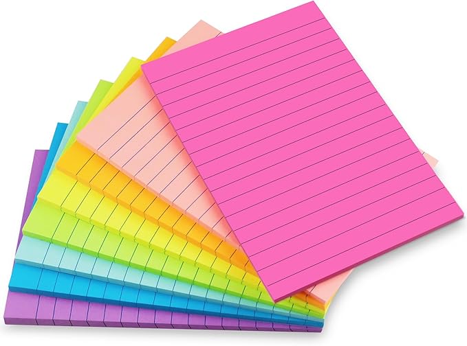 8 Pads Lined Sticky Notes 4x6 inch Self-Stick Notes Bright Colors Sticky Note for Office Home School