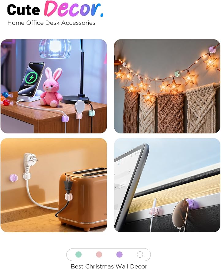 12 Pack Cord Holder Cable Clips,Cord Clips Multicolor [Dual Spring & Clasp Lock],Cute Phone Cord Holder for Nightstand, Chfeila Home Office Organizer Cable Clips for Car Desk Workspace Teen Room Decor