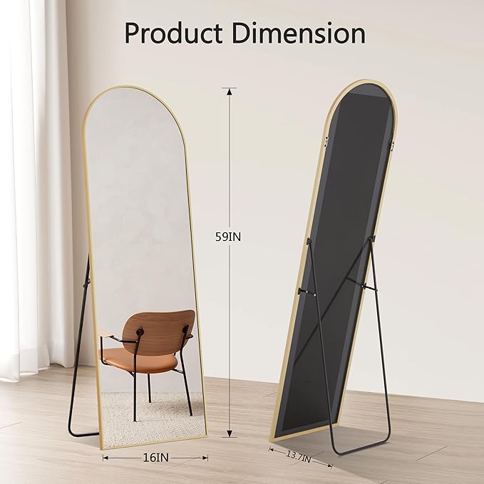 Simple Deluxe Arched Mirror Full Length, 59"x16", Body Wall Mirror with Shatter-Proof Glass, Gold Aluminum Frame, Floor-Standing, Wall-Mounted, Leaning