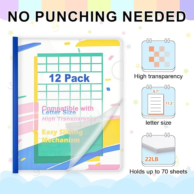 TOTiyea 12 Pack Clear Report Covers with Sliding Bars, 9mm (70 Sheet Capacity) Blue Sliding Bar File Folders, for Letter Size