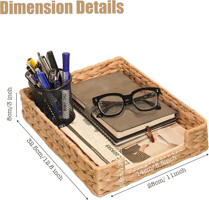 PINXIURY Water Hyacinth Letter Tray for A4 File Desk Mail Letter-Size Paper, Basket Woven Organizer, Magazine Files Storage, Office Document Organizer and Storage