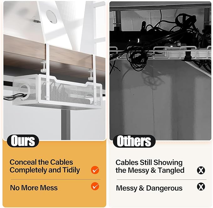 2 Pack Under Desk Cable Management Box White, Cinati 26.8" Wire Organizers No Drill, Cord Organization Tray with Clamp for Office, Home - No Damage to Desk