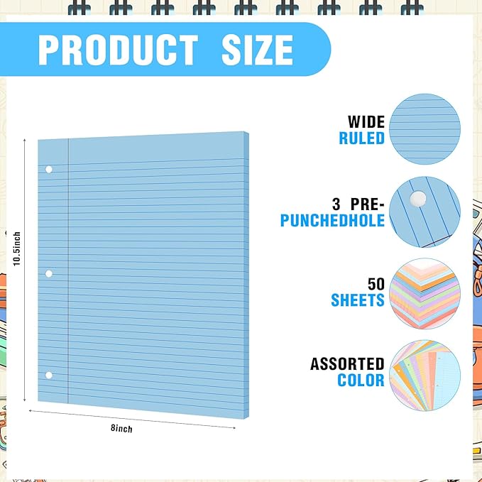 PerKoop 12 Pack 600 Sheets Colored Lined Paper Bulk Wide Ruled 8 x 10.5 Inches, Pastel Loose Leaf Notebook Paper 3 Hole Punched Filler for Back School Classroom Supplies(Sweet Color)