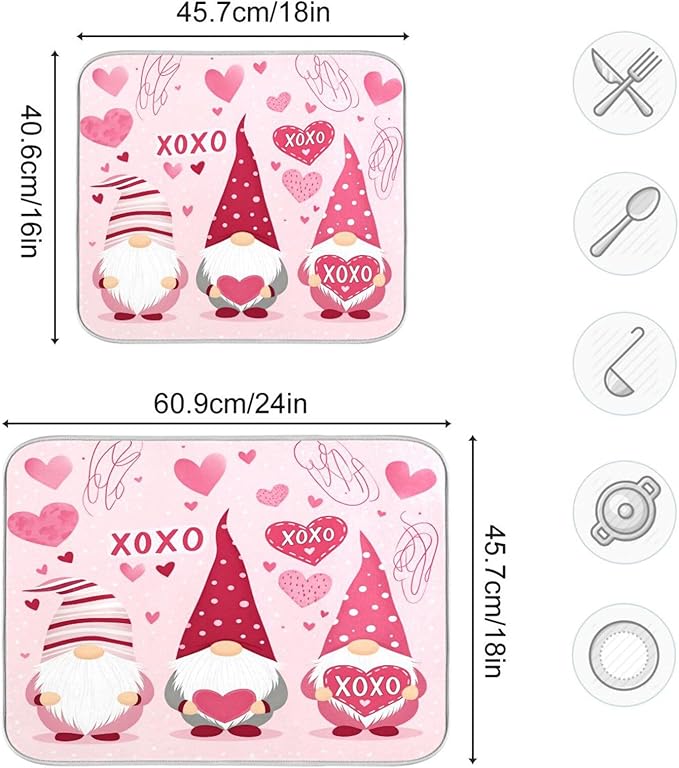 Happy Valentine Hearts Gnomes Dish Drying Mat 16 X 18 In Red Love Absorbent Microfiber Dry Dishes Pads Tableware Mats Protector for Kitchen Countertops Counter Home Decorations