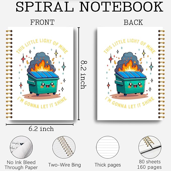 This Little Light of Mine Dumpster Fire Notebook, Funny Notebooks Journals for Women Men, Funny Office Gifts for Coworkers, Funny Office Supplies, Hardcover Spiral Notebook 5.5x8.3 Inch