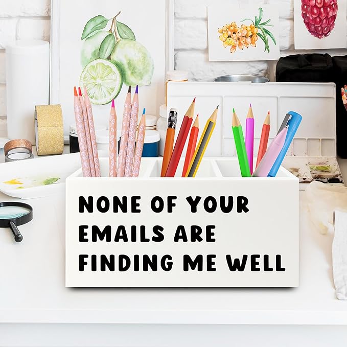 Funny Office Pen Pencil Holder Organizer for Desk, Sarcastic Gifts for Women Men, Funny Coworkers Gifts Wooden Box Sign for Home Office Desk Tabletop Decorations