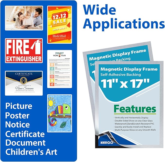 10Packs Magnetic Sign Holder, 11x17 Self Adhesive Display Frame with Strong Magnetic Frame and Clear PVC for Office Store Home Door Window Refrige Magnetic Paper Holder, Silver