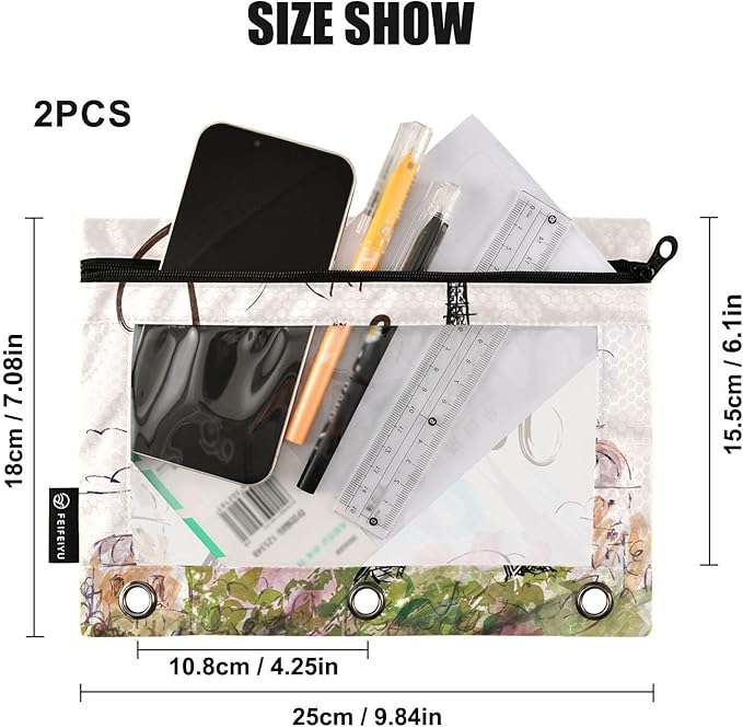 ZAZYXTJ Eiffel Tower Binder Pencil Pouchs 3 Ring with Zipper Clear Window Office Organizers bag for School Students Teacher Supplies 2 Pack