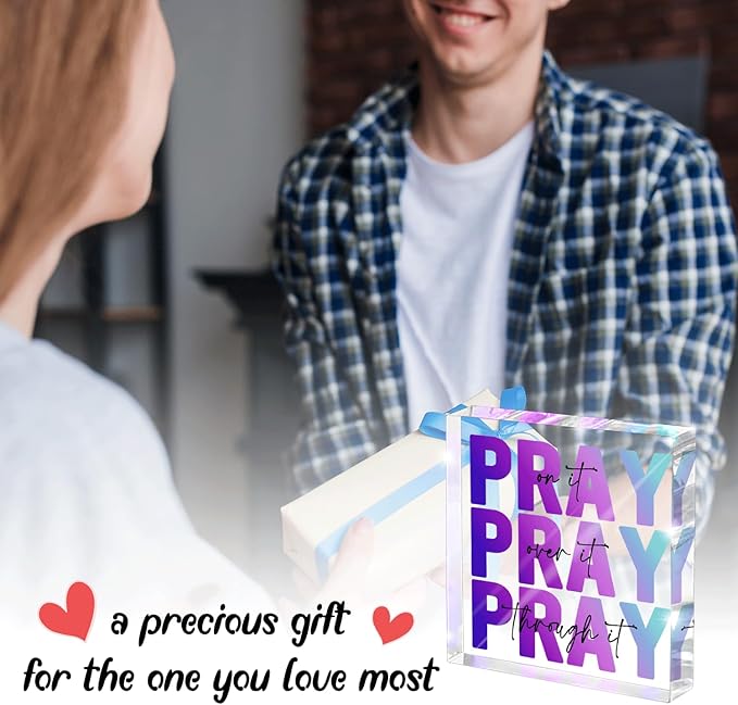 Inspirational Decor, Multicolor Dorm Room Decor for Women, Desk Decorations for Office, Ideal Christian Gifts for Women - Pray On It, Pray Through It - Bible Verse Desk Art, 4 x 4 inch