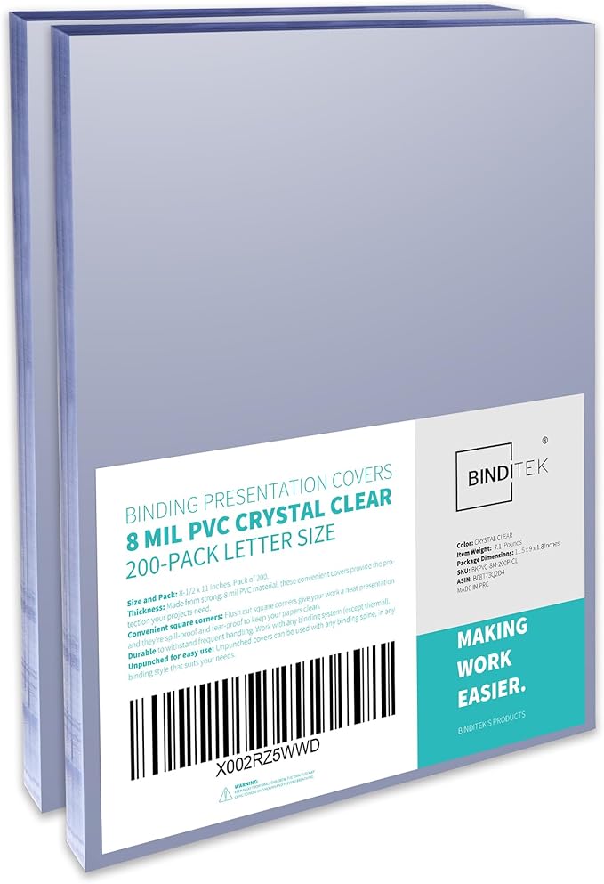 Binditek 200 Pack 8 Mil PVC Clear Binding Covers, 8.5 x 11 Inches, Letter Size, Square Corners, Un-Punched, Office Supplies